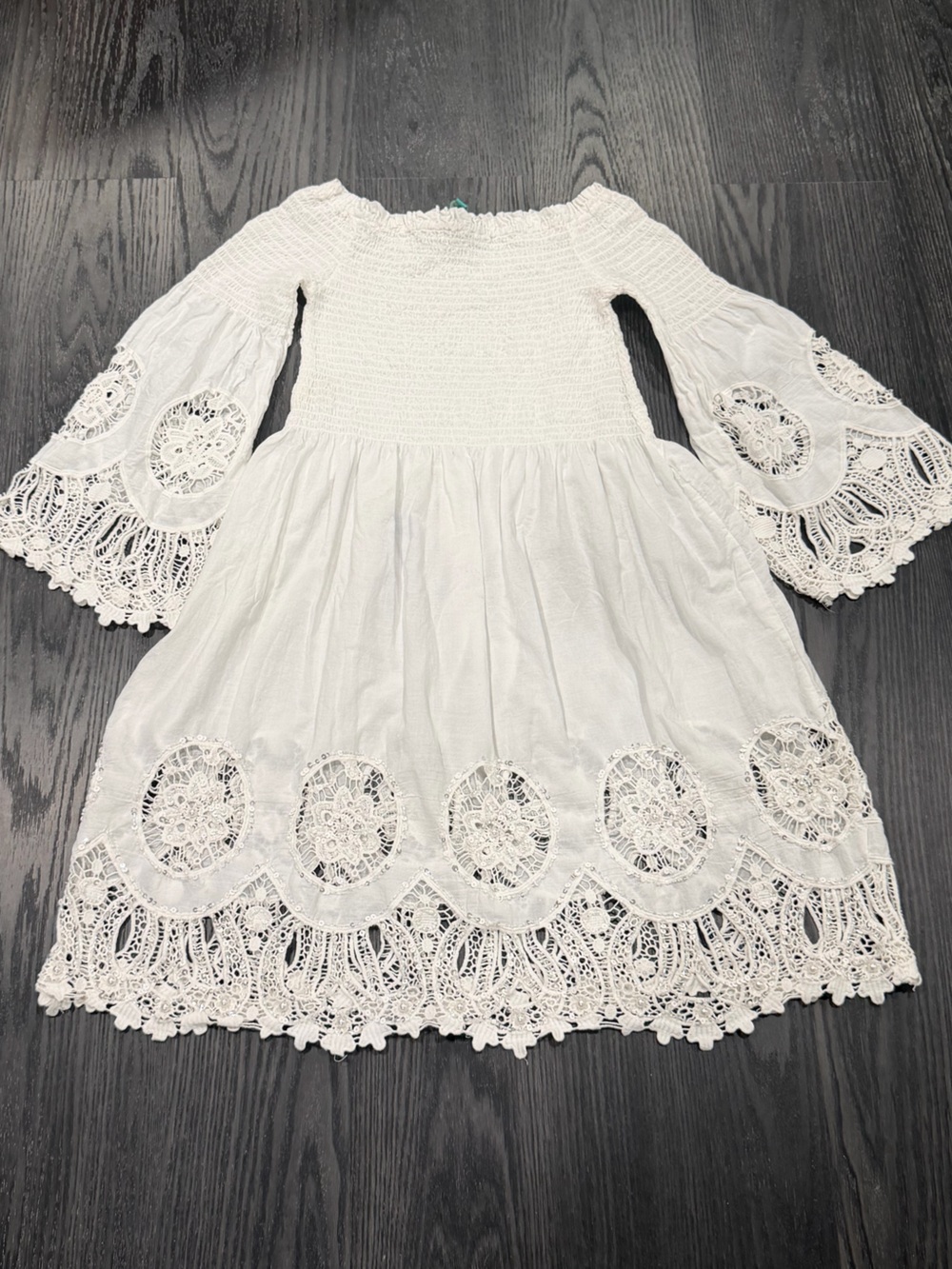 White Crochet-Trim Off-Shoulder Women's Dress with Bell Sleeves